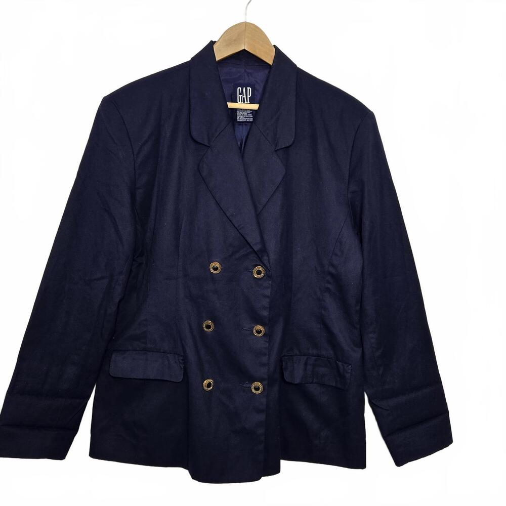 Vintage Gap Blazer Womens 14 L Double Breasted Blue Cotton 3 Button 1990s Jacket